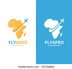 Vector africa and plane logo combination. Safari and travel symbol or icon. Unique geography, continent and flight logotype design template.