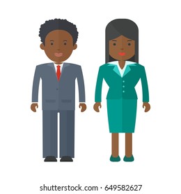 Vector african american business people man and woman. Image with characters on profession theme of success, achievement, office work and finance. Objects isolated on white background. Flat cartoon.