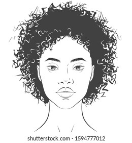 Vector African American dark-skinned woman face. Young beautiful black girl with healthy skin and curly hair. Black and white line sketch front portrait. Close up isolated on white.