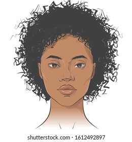 Vector African American dark-skinned woman face. Young beautiful black girl with healthy skin and curly hair. Black and white line sketch front portrait. Close up isolated on white.