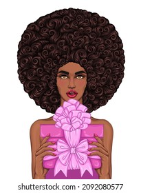 
Vector African American girl with open mouth in surprise. Woman Fashion model with magnificent curly afro retro hairstyle holding pink gift boxes decorated ribbons and bows. Festive greeting present