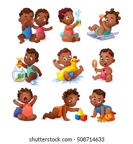 Vector African American Little Girls and Boys Set. Cute Children. Kids play