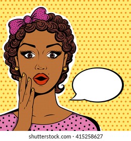 Vector African American woman portrait - shocked face with open mouth, short curly brown hair, speech bubble in pop art retro comic style.