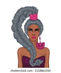 Vector African American woman in rnb style with a braided high tail voluminous and long pigtail. Gray hairstyle. Fashionable model with bare shoulders in a bra crimson leopard print and big earring