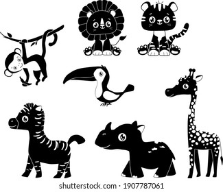 Vector african animals black and white lion, tiger, toucan, zebra, giraffe, monkey