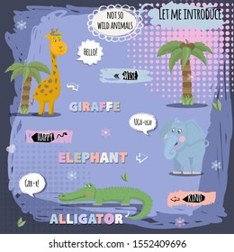 Vector African animals characner Giraffe,elephant,alligator and palm with quotes