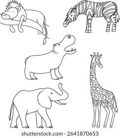 Vector with african animals set, black and white outline illustration.