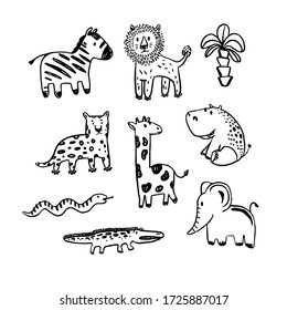 Vector african animals set  . Coloring illustration. Collection of cute animals in black and white. Perfect for kids t-shirt print