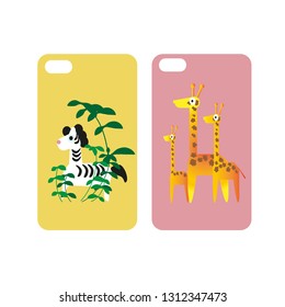 Vector African animals set, phone cases with family of giraffes and zebras, cute cubs