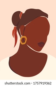 Vector african black skin woman portrait illustration. Abstract printable template of wall poster.