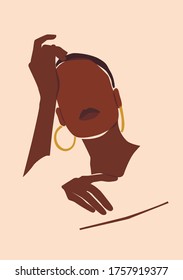 Vector african black skin woman portrait illustration. Abstract printable template of wall poster.