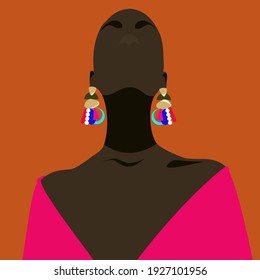 Vector african black skin woman portrait illustration. Abstract printable template of wall poster. Young beautiful black skin woman 
in ethnic style.