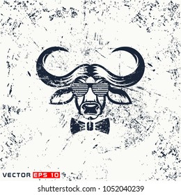 Vector african buffalo head, hipster face on grunge  background