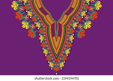 Vector african dashiki colorido fondo púrpura de color de fondo de collar de flor de bordado. Camisas de arte tribales africanas de moda.