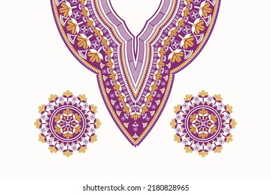 Flor de bordado de cuello morado colorido tipo vectorial de color morado-amarillo con fondo de elementos. Moda de camisas de arte tribal.