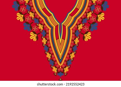 Vector african dashiki colorful red background neckline flower embroidery pattern. African tribal art shirts fashion.