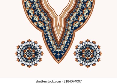 Diseño vectorial de flor de color vintage con elementos en el cuello del vector africano dashiki. Moda de camisas de arte tribal.