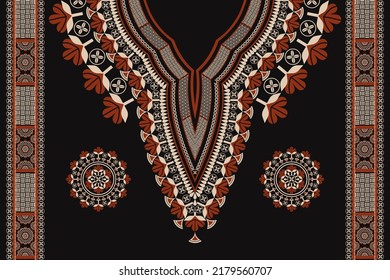 Patrón de bordado de flor de collar de color rojo-dorado vectorial con elementos decorativos bordeados por fondo negro. Camisas de arte tribales africanas de moda.