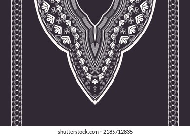 Vector African dashiki tribal shirt black and white color floral pattern neck embroidery design with border. 