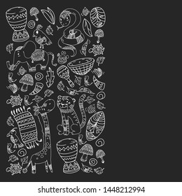 Vector african elements and animals for children clothing, fashion, t-shirts. Kids wallpaper with zebra, monkey, leopard, jaguar, bird, elephant