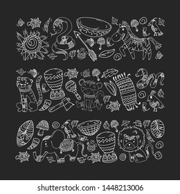 Vector african elements and animals for children clothing, fashion, t-shirts. Kids wallpaper with zebra, monkey, leopard, jaguar, bird, elephant