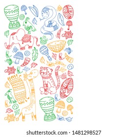 Vector african elements and animals for children clothing, fashion, t-shirts. Kids wallpaper with zebra, monkey, leopard, jaguar, bird, elephant