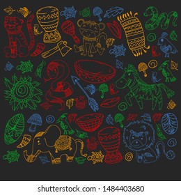 Vector african elements and animals for children clothing, fashion, t-shirts. Kids wallpaper with zebra, monkey, leopard, jaguar, bird, elephant