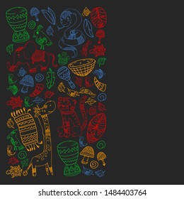 Vector african elements and animals for children clothing, fashion, t-shirts. Kids wallpaper with zebra, monkey, leopard, jaguar, bird, elephant
