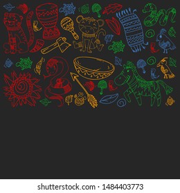 Vector african elements and animals for children clothing, fashion, t-shirts. Kids wallpaper with zebra, monkey, leopard, jaguar, bird, elephant