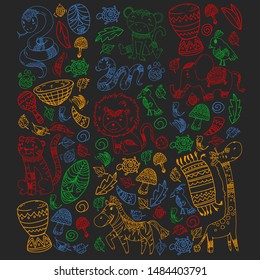 Vector african elements and animals for children clothing, fashion, t-shirts. Kids wallpaper with zebra, monkey, leopard, jaguar, bird, elephant