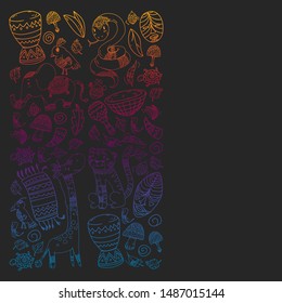 Vector african elements and animals for children clothing, fashion, t-shirts. Kids wallpaper with zebra, monkey, leopard, jaguar, bird, elephant
