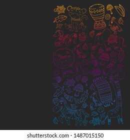 Vector african elements and animals for children clothing, fashion, t-shirts. Kids wallpaper with zebra, monkey, leopard, jaguar, bird, elephant