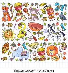 Vector african elements and animals for children clothing, fashion, t-shirts. Kids wallpaper with zebra, monkey, leopard, jaguar, bird, elephant