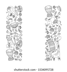 Vector african elements and animals for children clothing, fashion, t-shirts. Kids wallpaper with zebra, monkey, leopard, jaguar, bird, elephant