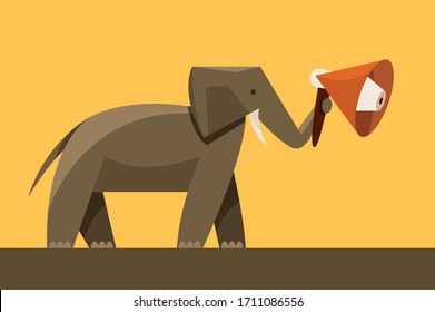vector african elephant in polygons with a loudspeaker in warm colors.