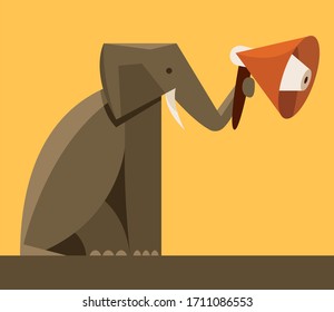 vector african elephant in polygons sitting with a loudspeaker in warm colors