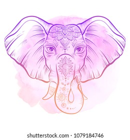 Vector african elephant in sketch style.  Elephant with  ornate lotus mandal. Ethnic elephant background, tattoo art, yoga. Happy Holi traditional indian festival illustration.