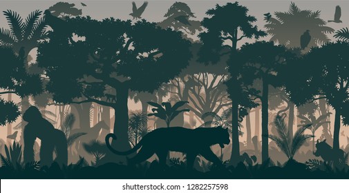 Vector African horizontal seamless tropical rainforest Jungle background with animals