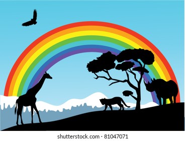 vector african landscape with animal silhouettes and rainbow