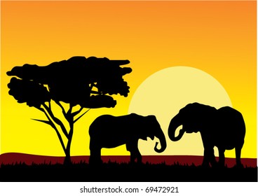 vector african landscape with elephants