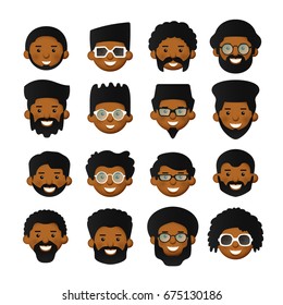 Vector african men head avatar iconset with beards, mustaches, glasses and rosy cheeks