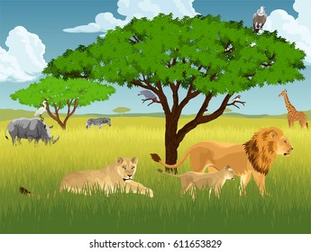 vector african savannah with lions, rhino, girrafe, vulture, zebra and heron