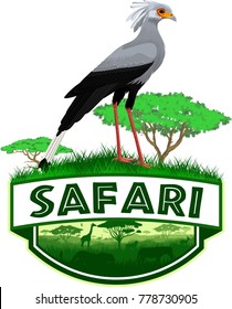 vector african savannah safari emblem with secretary bird (Sagittarius serpentarius) 