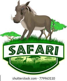 vector african savannah safari emblem with common warthog