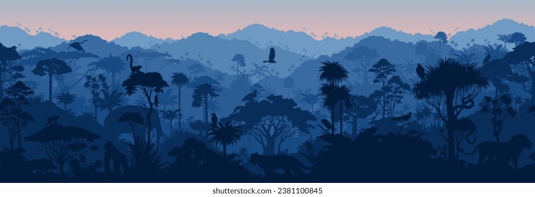 Vector African seamless tropical rainforest Jungle background with animals
