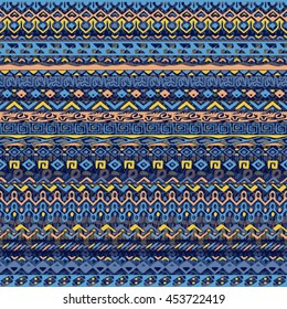 Vector african style pattern with tribal motifs. Bright and elegant ornament with geometric hand drawn decorative stripes for prints, fabrics, backgrounds in blue, yellow and pink colors.