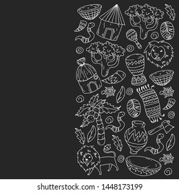 Vector african tribal pattern for banner and posters. Icons of animals and traditional elements for children fabric, clothes, textile. Travel and adventure