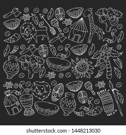 Vector african tribal pattern for banner and posters. Icons of animals and traditional elements for children fabric, clothes, textile. Travel and adventure