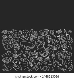 Vector african tribal pattern for banner and posters. Icons of animals and traditional elements for children fabric, clothes, textile. Travel and adventure