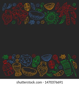 Vector african tribal pattern for banner and posters. Icons of animals and traditional elements for children fabric, clothes, textile. Travel and adventure